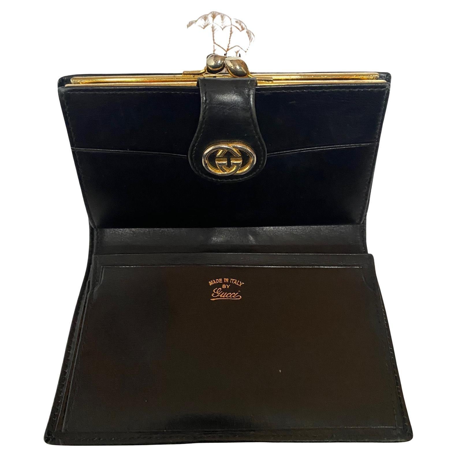 Portefeuille en cuir noir Gucci des années 1980  Bon état - En vente à London, GB
