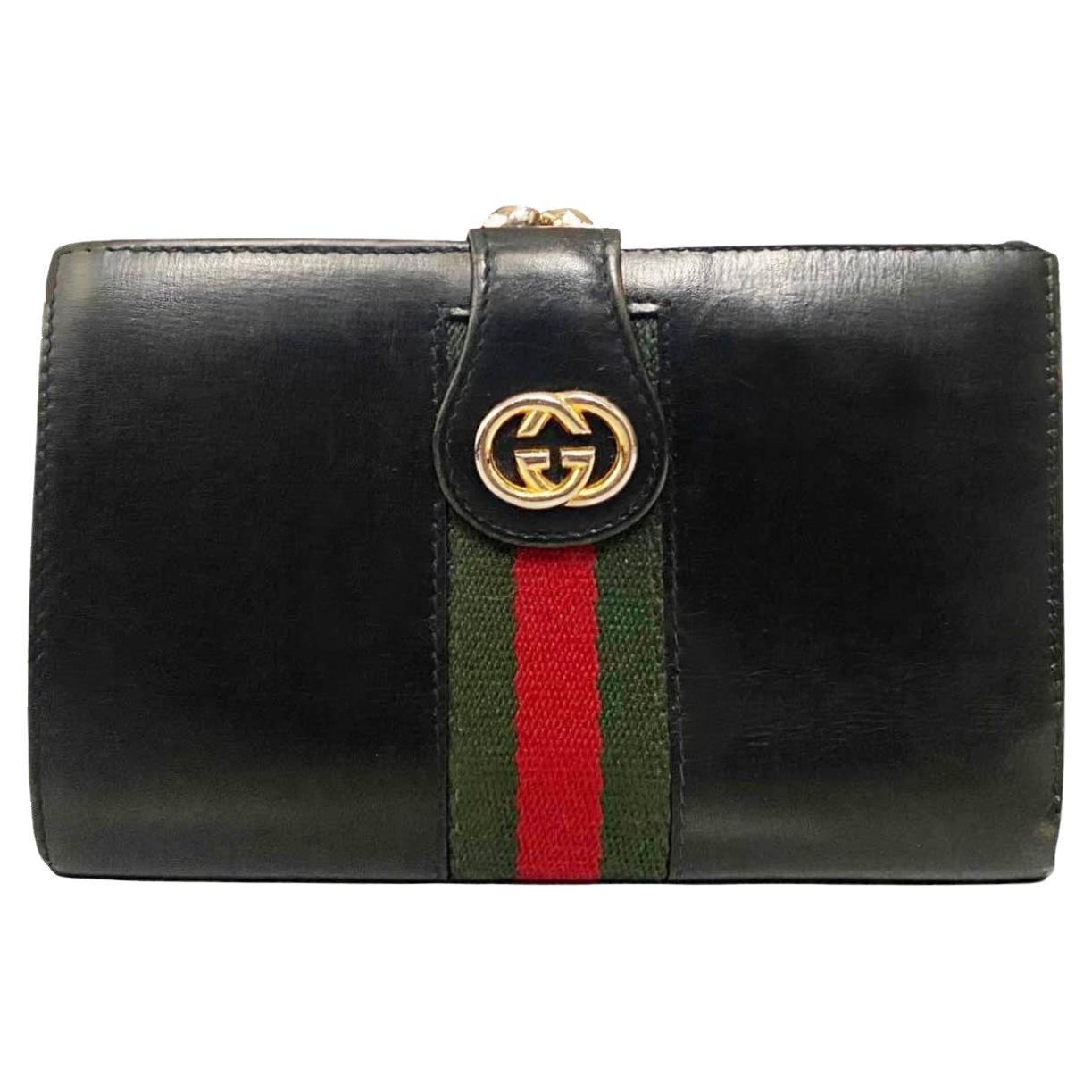 1980s Gucci Web Black Leather Wallet  For Sale