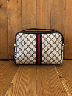 1980s GUCCI Web Navy Monogram Canvas Crossbody Bag