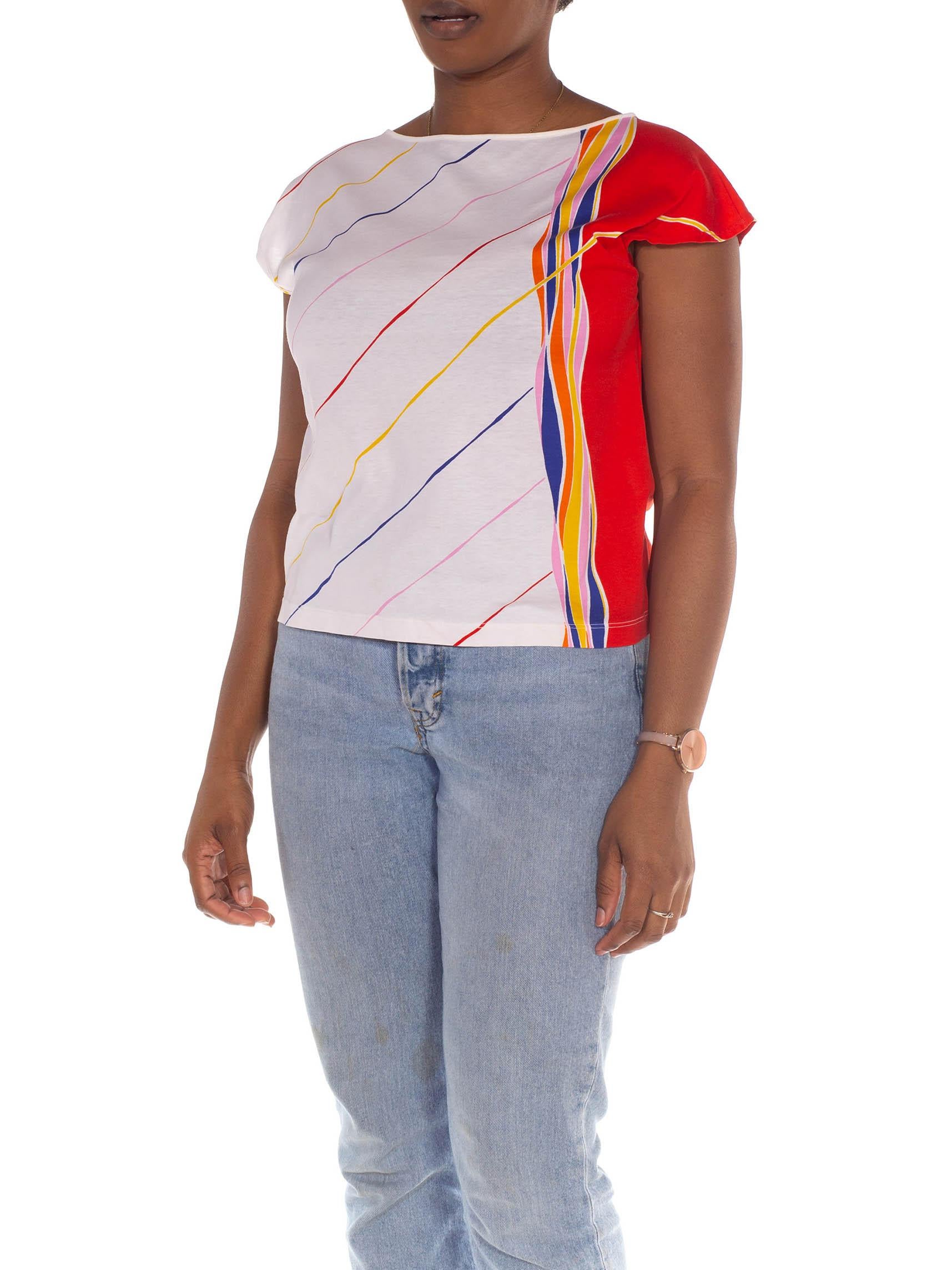 Women's 1980S Gucci White & Red Cotton Striped Abstract Print T-Shirt For Sale