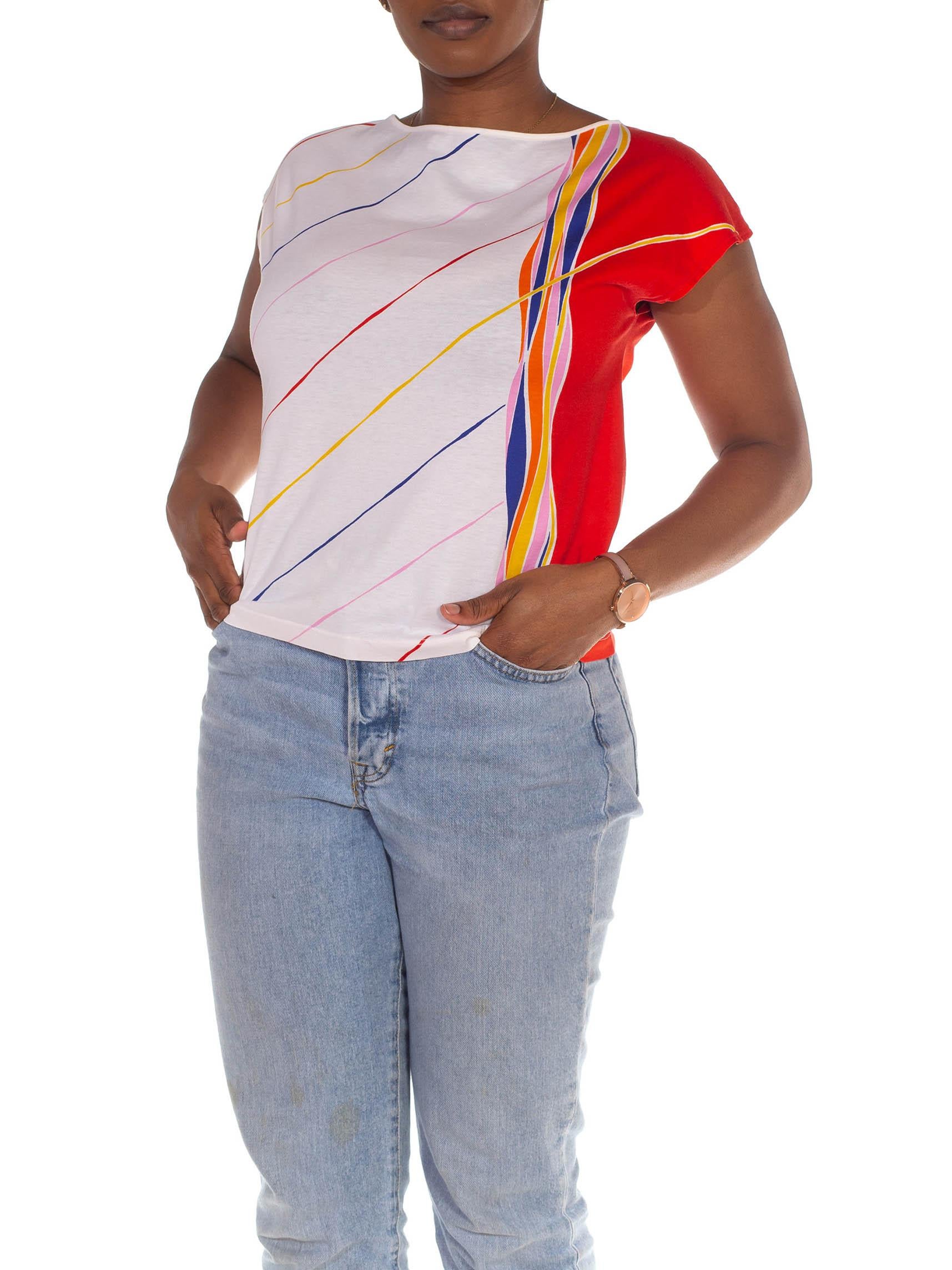 1980S Gucci White & Red Cotton Striped Abstract Print T-Shirt For Sale 3