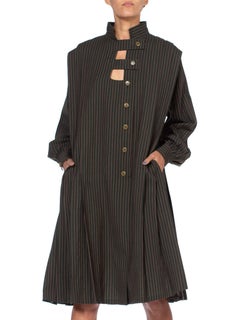 1980'S GUCCI Dark Green Striped Wool Oversized Button Front Dress