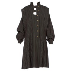 1980'S GUCCI Dark Green Striped Wool Oversized Button Front Dress