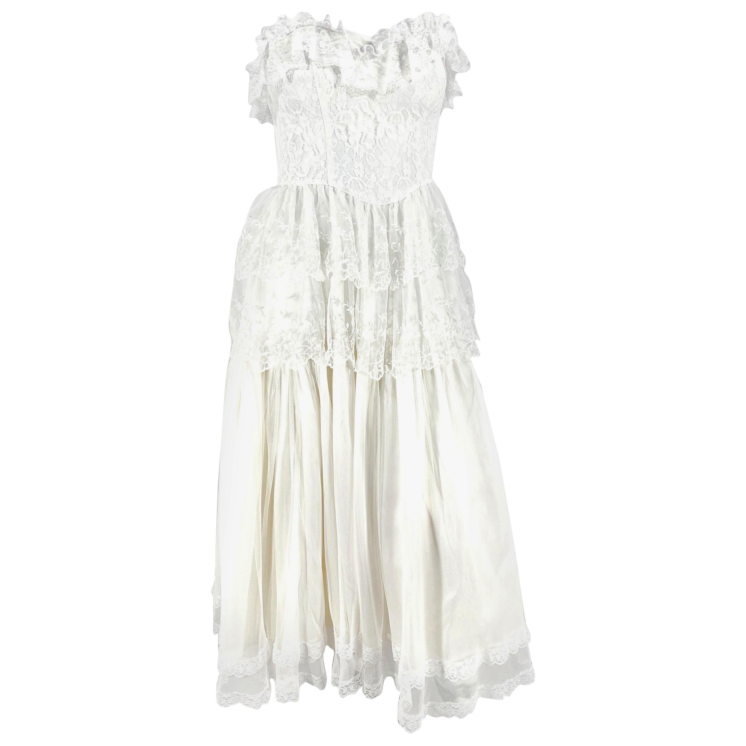 1980s Gunne Sax White Strapless Lace Dress