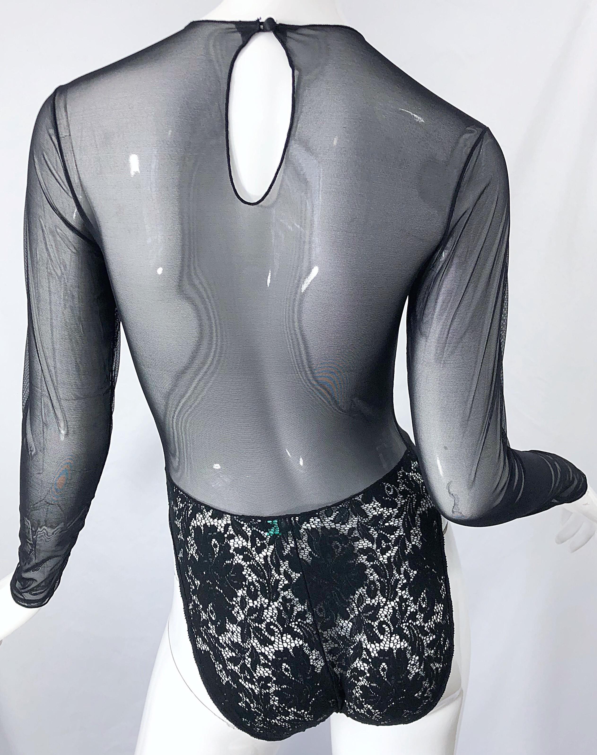 1980s Guy Laroche Black Sheer Lace Sexy One Piece Long Sleeve Vintage Bodysuit For Sale 3