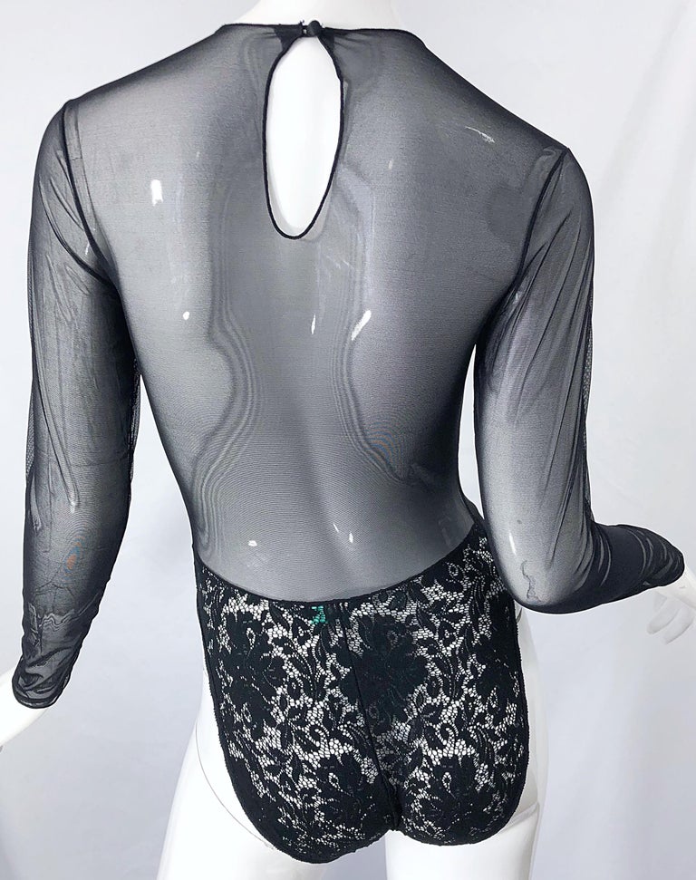 1980s Guy Laroche Black Sheer Lace Sexy One Piece Long Sleeve Vintage  Bodysuit For Sale at 1stDibs