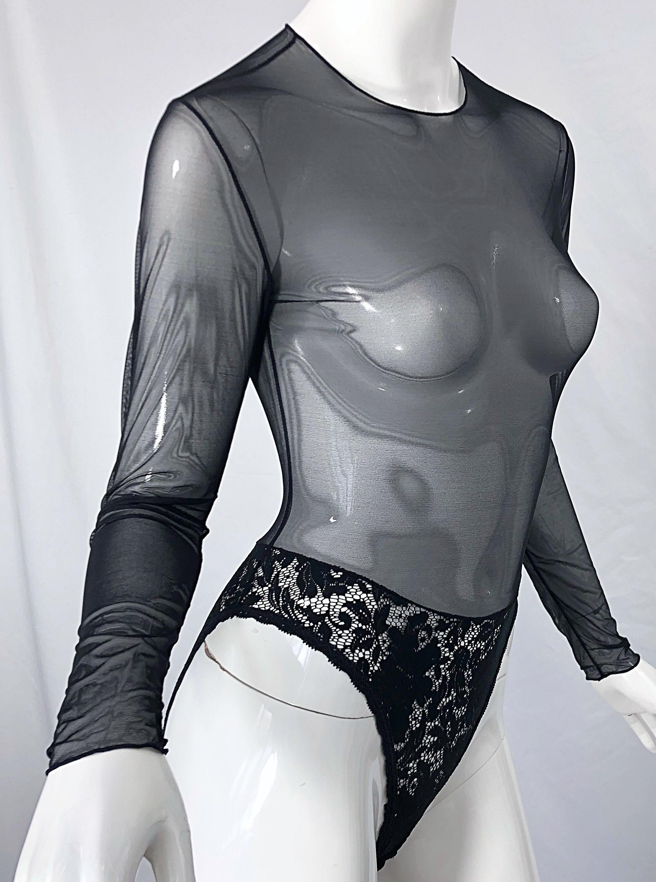 1980er Guy Laroche Schwarzer Sexy Bodysuit mit langen Ärmeln und durchsichtiger Spitze im Angebot 7