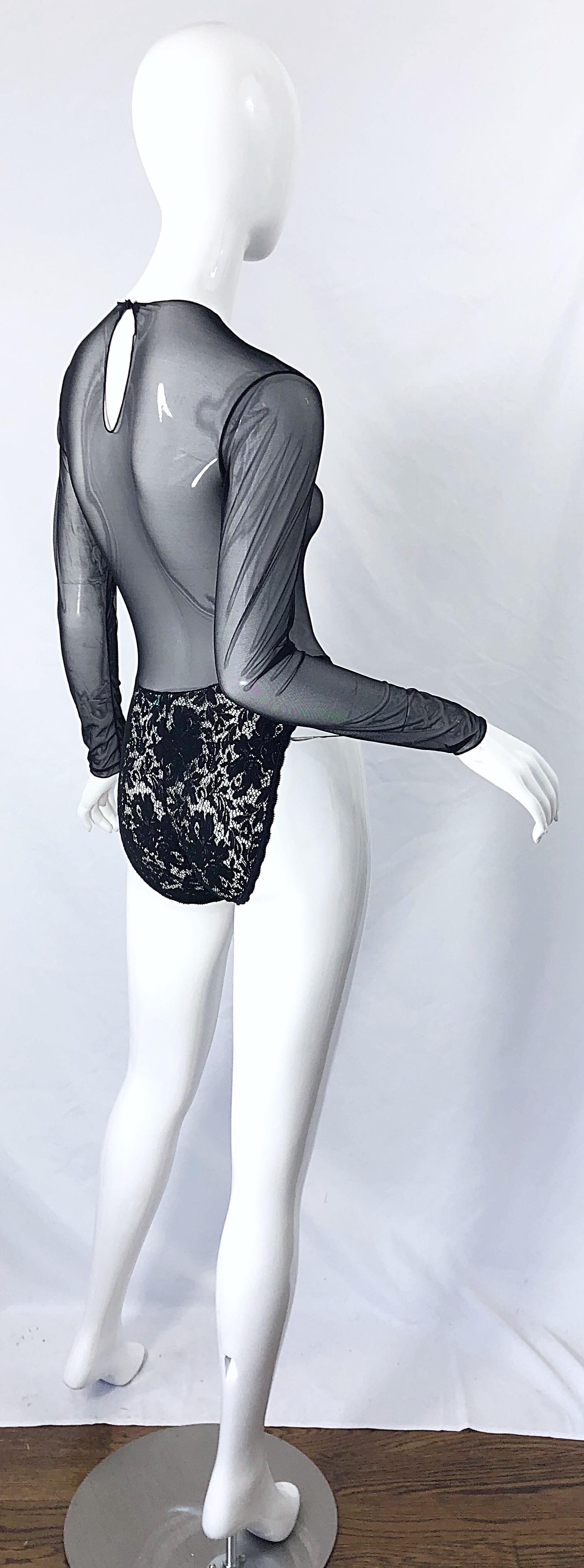 1980er Guy Laroche Schwarzer Sexy Bodysuit mit langen Ärmeln und durchsichtiger Spitze im Angebot 8