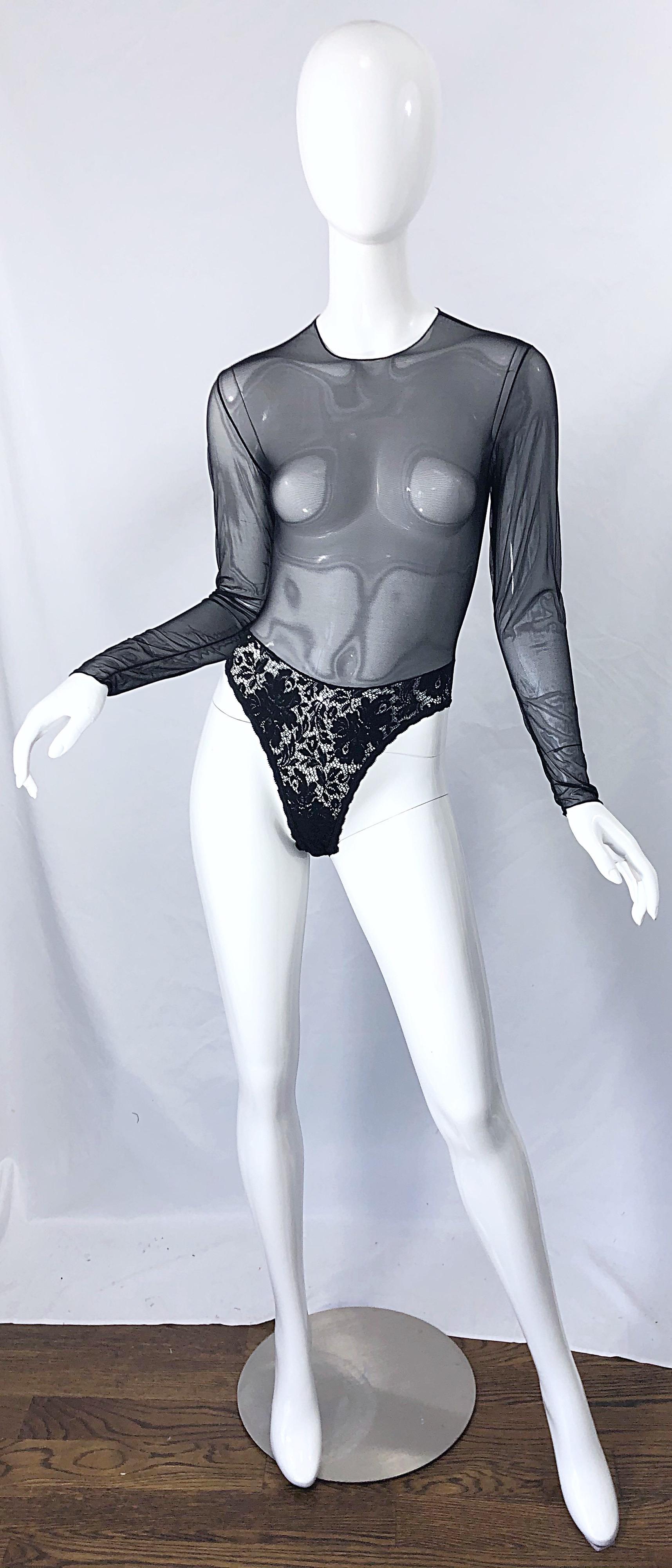 1980s Guy Laroche Black Sheer Lace Sexy One Piece Long Sleeve Vintage Bodysuit For Sale 6