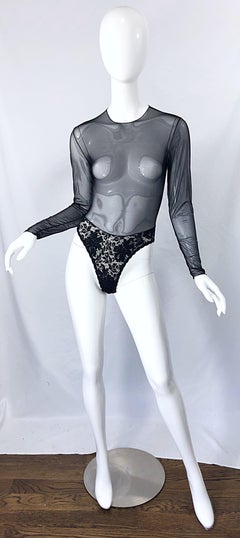 1980er Guy Laroche Schwarzer Sexy Bodysuit mit langen Ärmeln und durchsichtiger Spitze