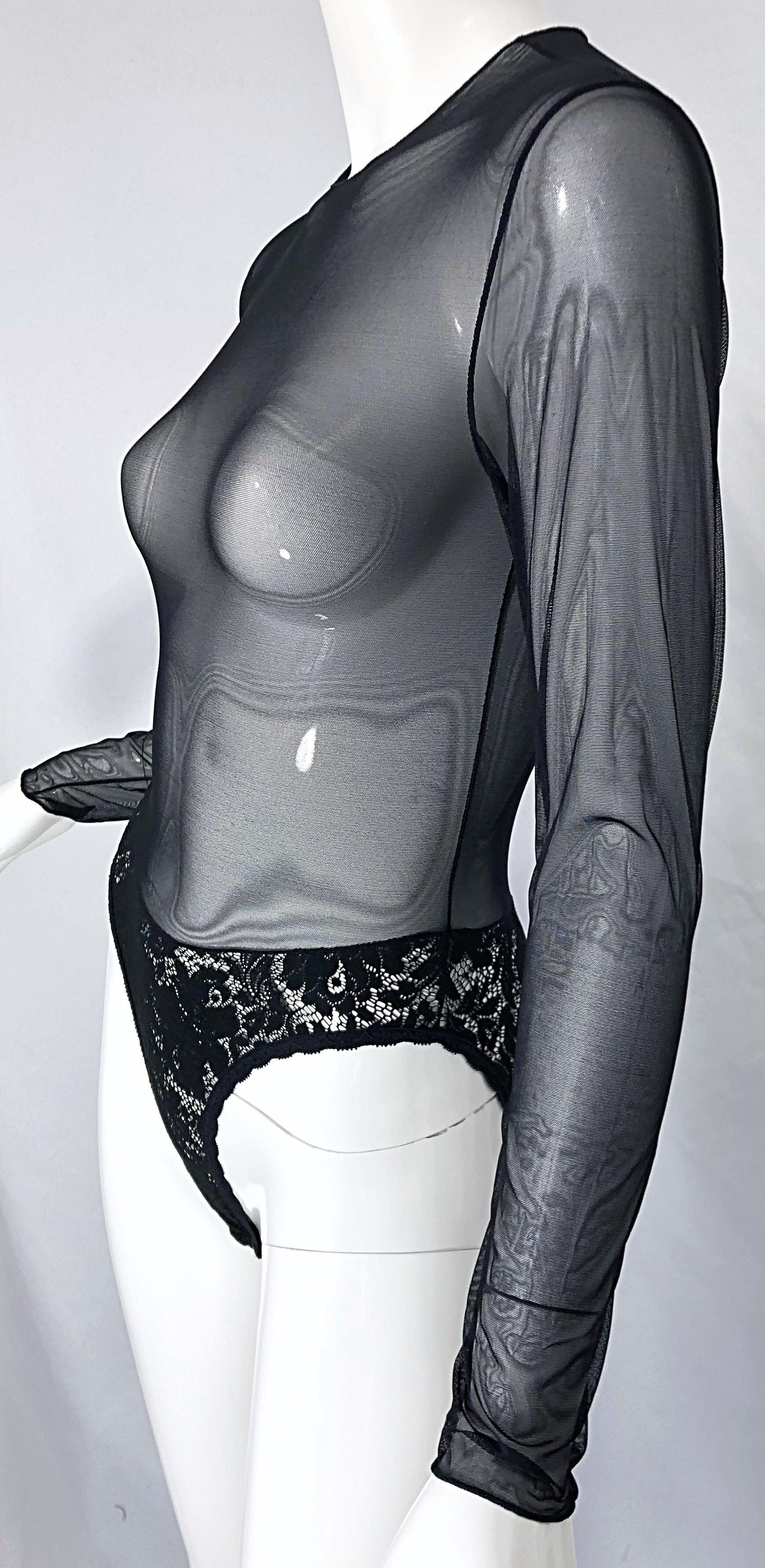 1980er Guy Laroche Schwarzer Sexy Bodysuit mit langen Ärmeln und durchsichtiger Spitze im Angebot 1
