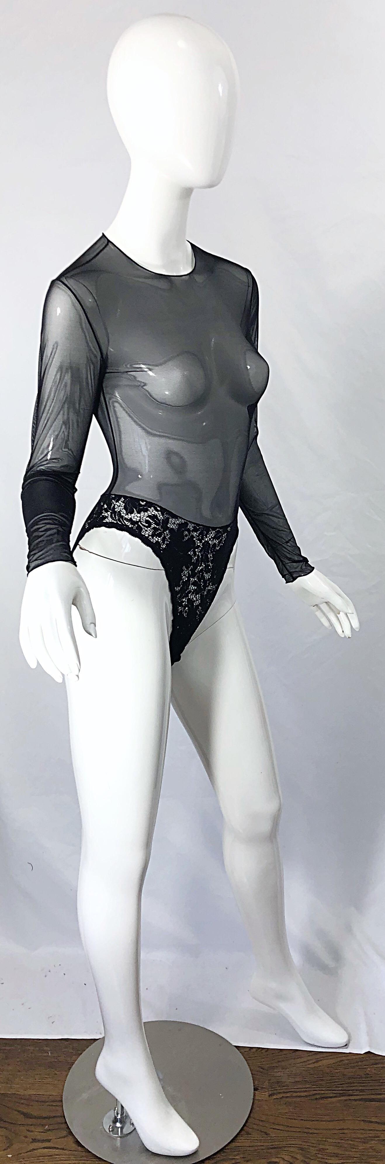 1980s Guy Laroche Black Sheer Lace Sexy One Piece Long Sleeve Vintage Bodysuit In Excellent Condition For Sale In San Diego, CA
