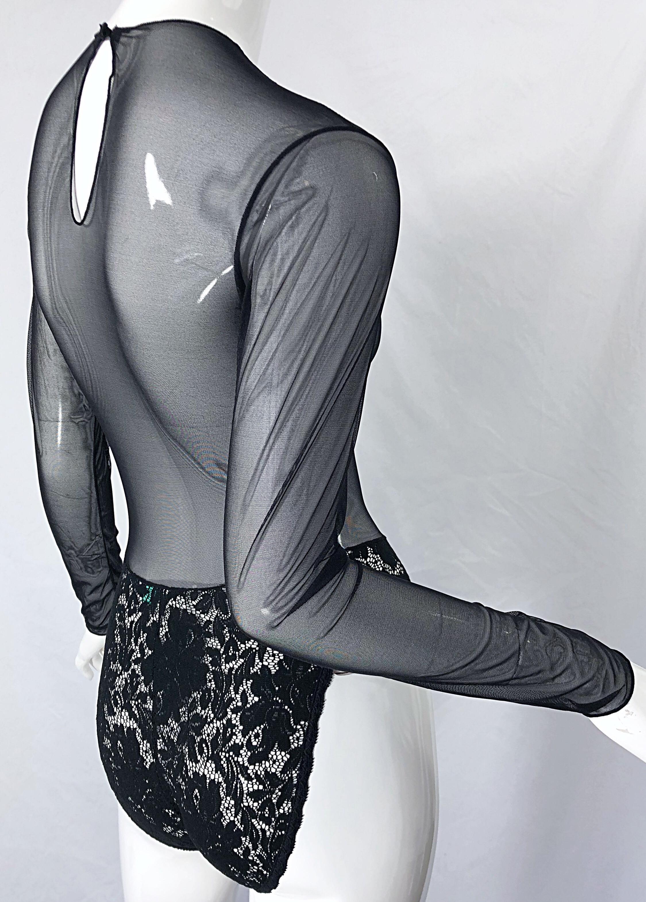 1980er Guy Laroche Schwarzer Sexy Bodysuit mit langen Ärmeln und durchsichtiger Spitze im Angebot 3