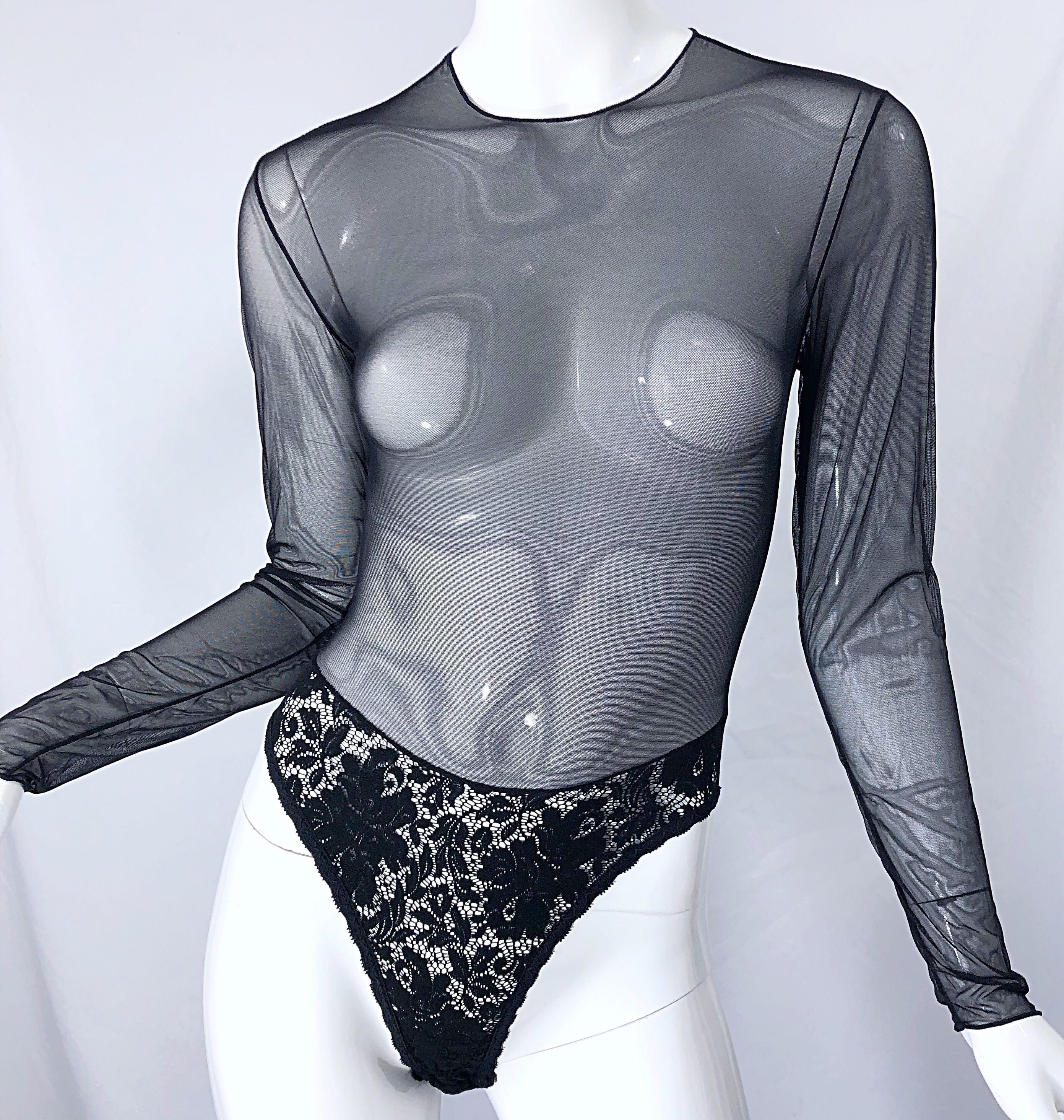 1980s Guy Laroche Black Sheer Lace Sexy One Piece Long Sleeve Vintage Bodysuit For Sale 1