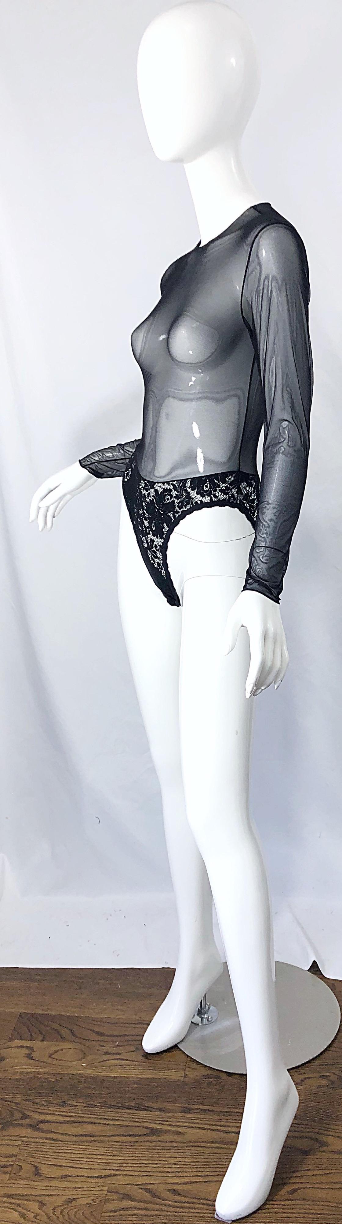 1980s Guy Laroche Black Sheer Lace Sexy One Piece Long Sleeve Vintage Bodysuit For Sale 2