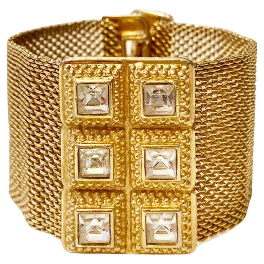 1980s Guy Laroche Gold Plated Mesh Crystal Bangle