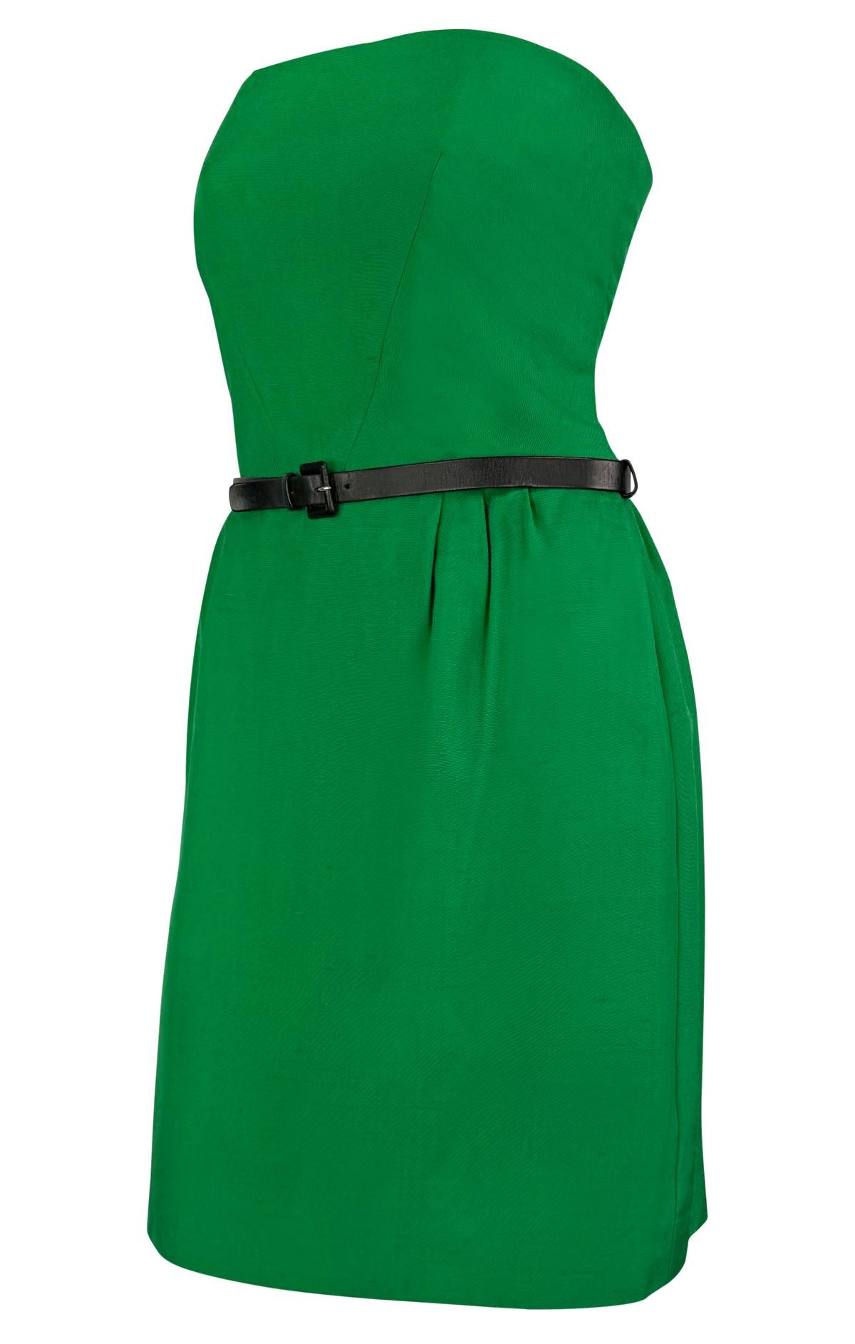 S/S 1989 Guy Laroche Haute Couture Vestido acampanado sin tirantes de seda verde con cinturón en Excelente estado para la venta en West Hollywood, CA