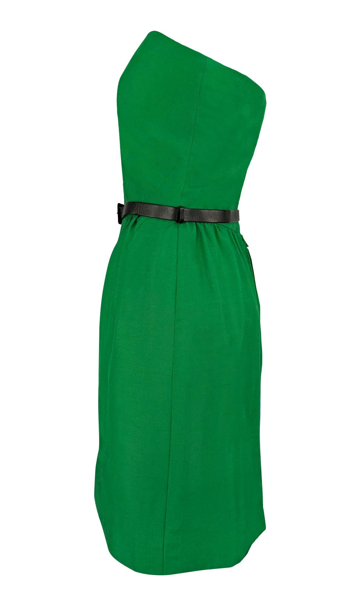 De las mujeres S/S 1989 Guy Laroche Haute Couture Vestido acampanado sin tirantes de seda verde con cinturón en venta