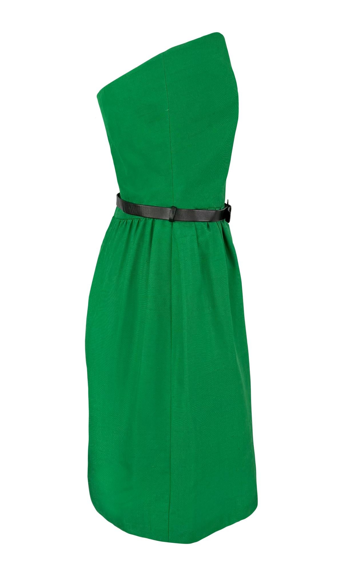 S/S 1989 Guy Laroche Haute Couture Vestido acampanado sin tirantes de seda verde con cinturón en venta 2
