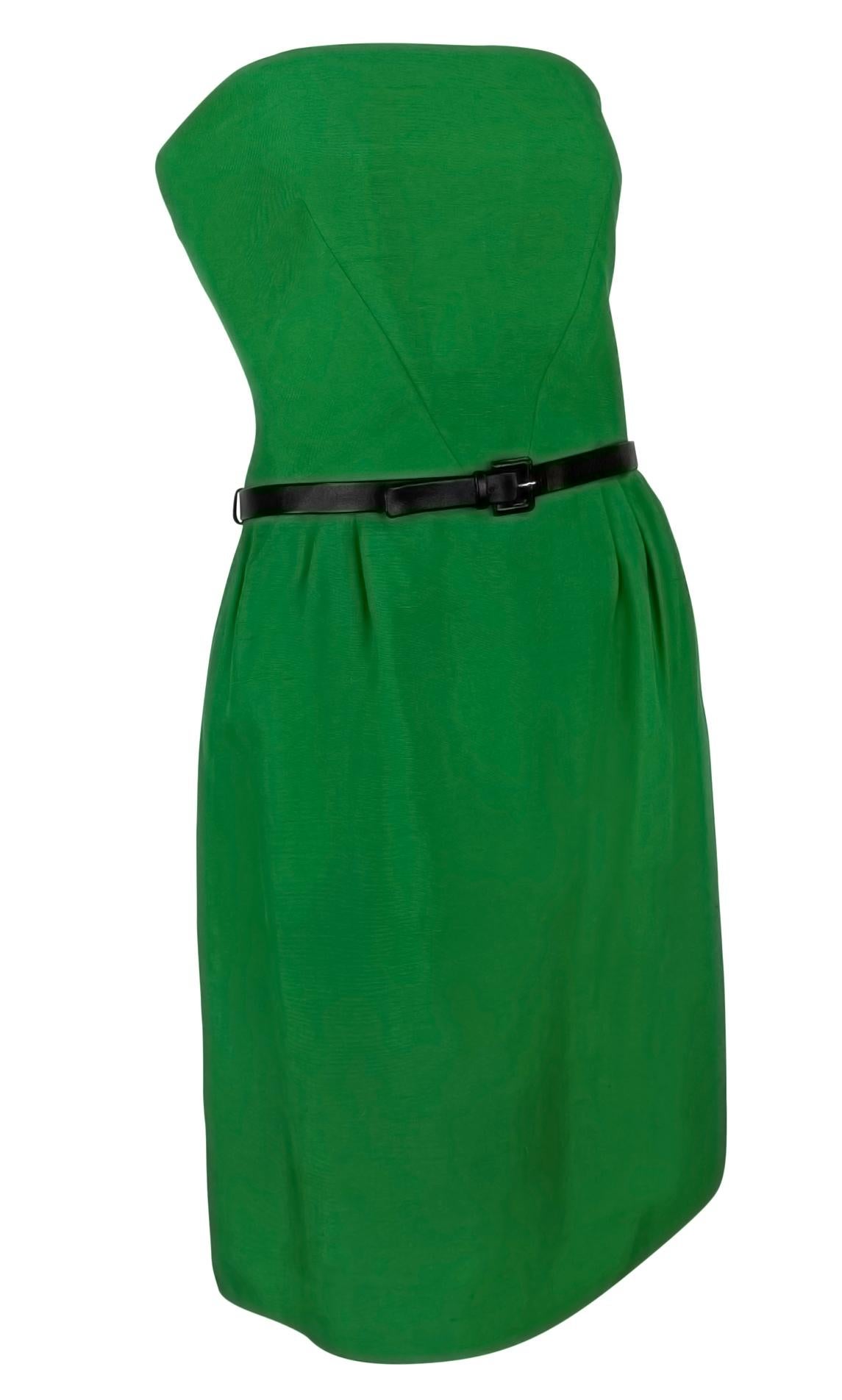 S/S 1989 Guy Laroche Haute Couture Vestido acampanado sin tirantes de seda verde con cinturón en venta 3