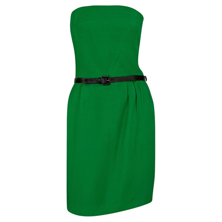 S/s 1989 Guy Laroche Haute Couture Belted Green Silk Strapless Flare Dress