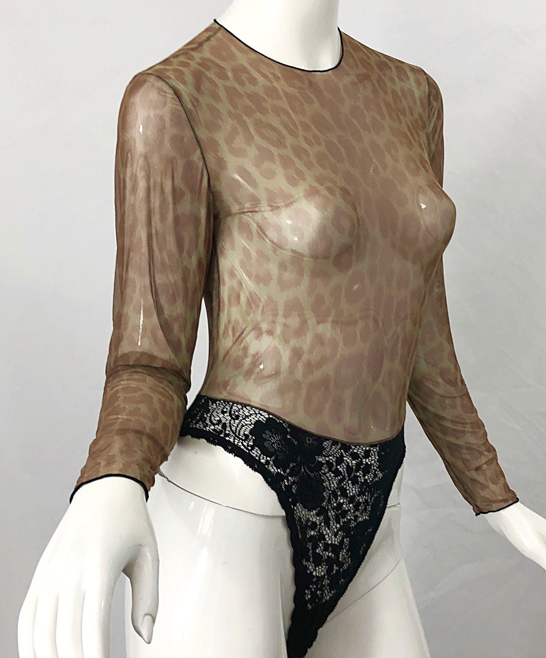 1980er Guy Laroche Vintage 80er Jahre Bodysuit mit Leopardenmuster und schwarzer durchsichtiger Spitze im Angebot 7