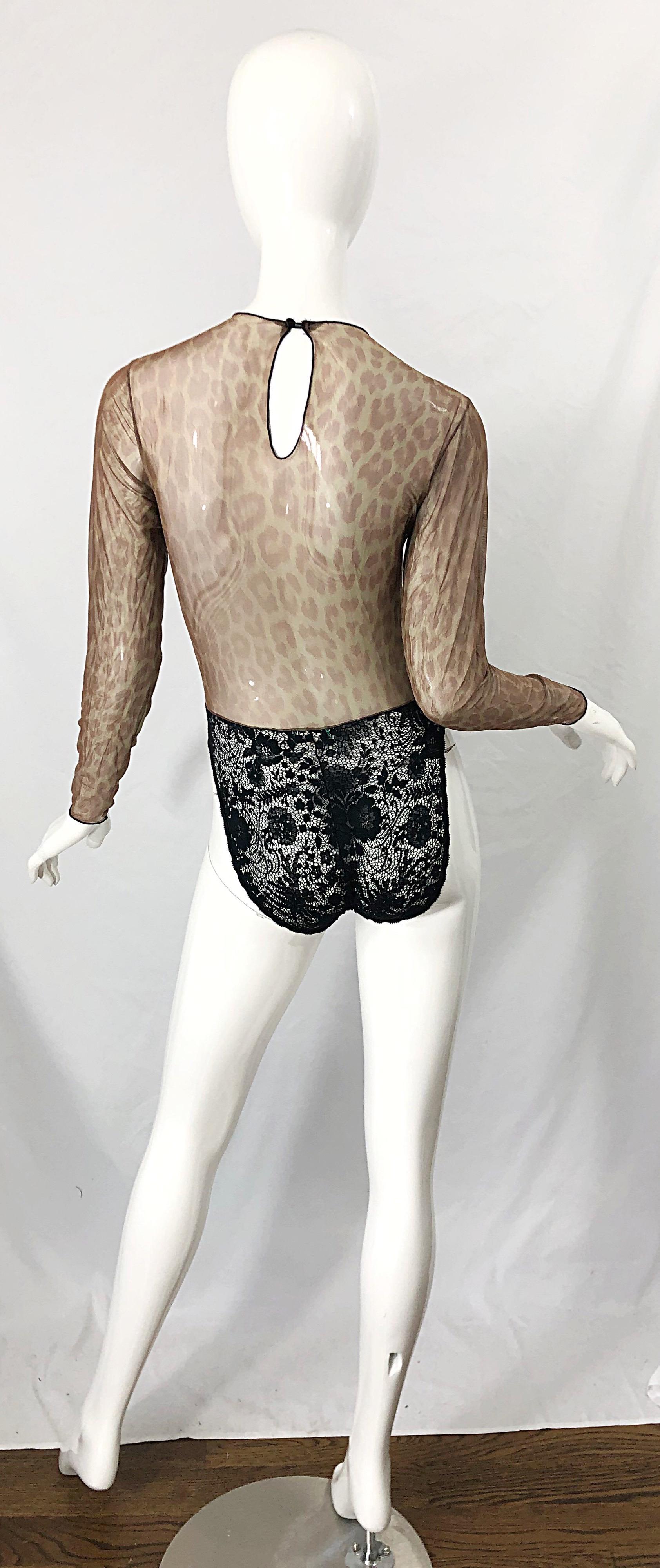 1980s Guy Laroche Leopard Print Sheer Black Lace One Piece Vintage 80s Bodysuit For Sale 5