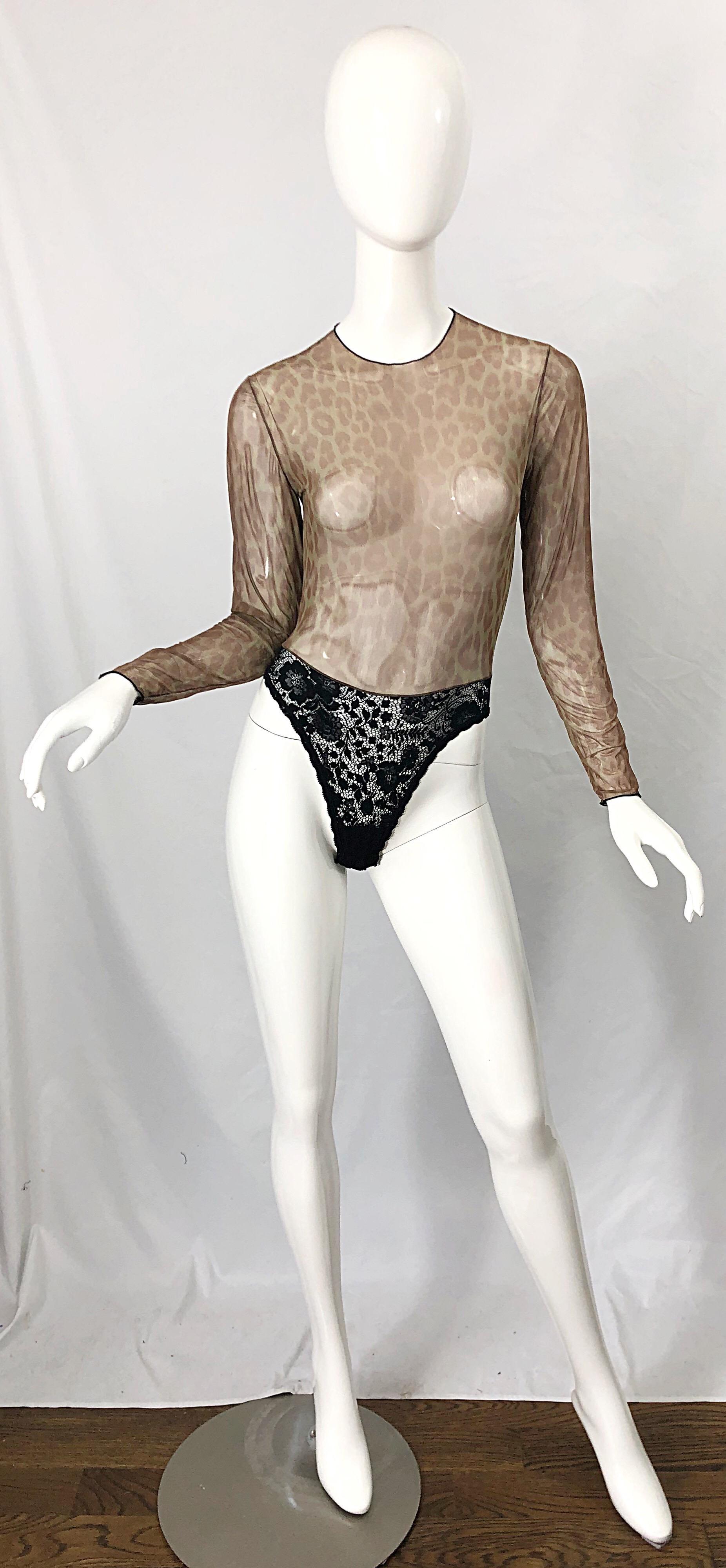 1980s Guy Laroche Leopard Print Sheer Black Lace One Piece Vintage 80s Bodysuit For Sale 6