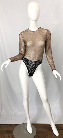 1980s Guy Laroche Leopard Print Sheer Black Lace One Piece Vintage 80s Bodysuit