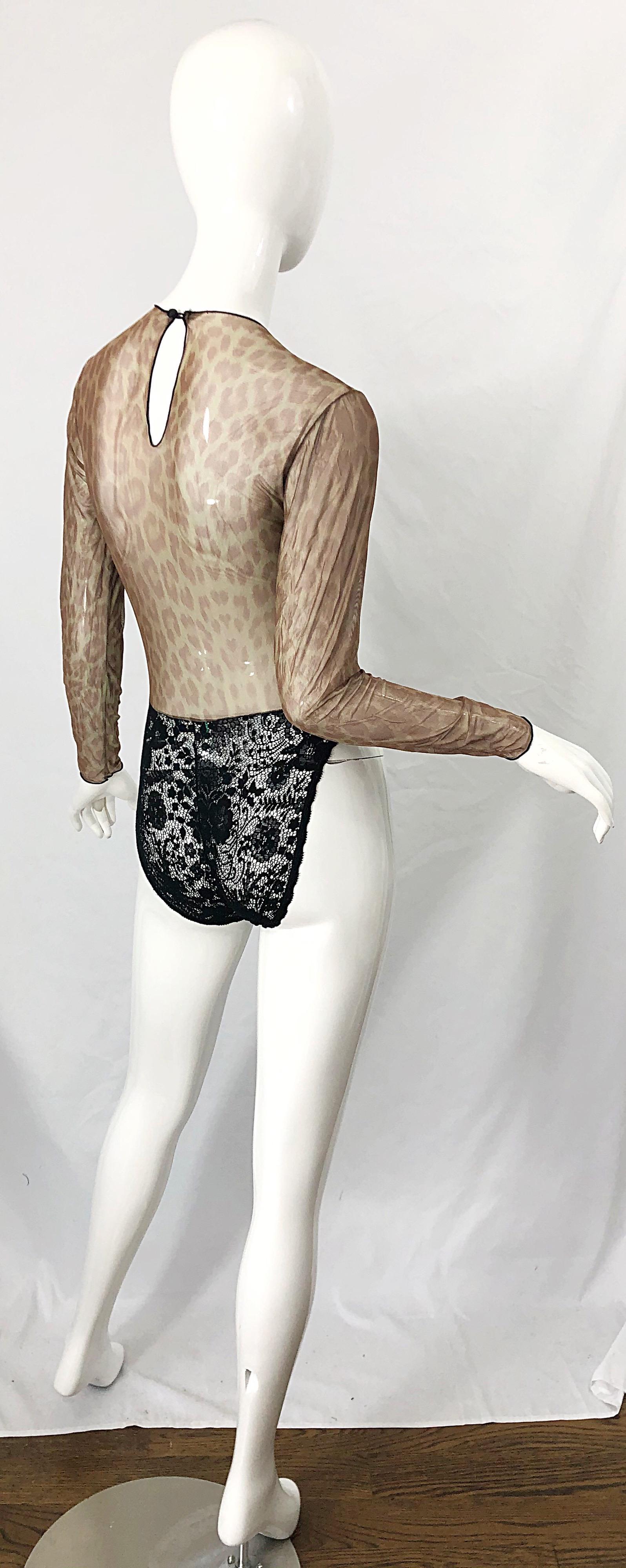 1980er Guy Laroche Vintage 80er Jahre Bodysuit mit Leopardenmuster und schwarzer durchsichtiger Spitze im Zustand „Hervorragend“ im Angebot in San Diego, CA