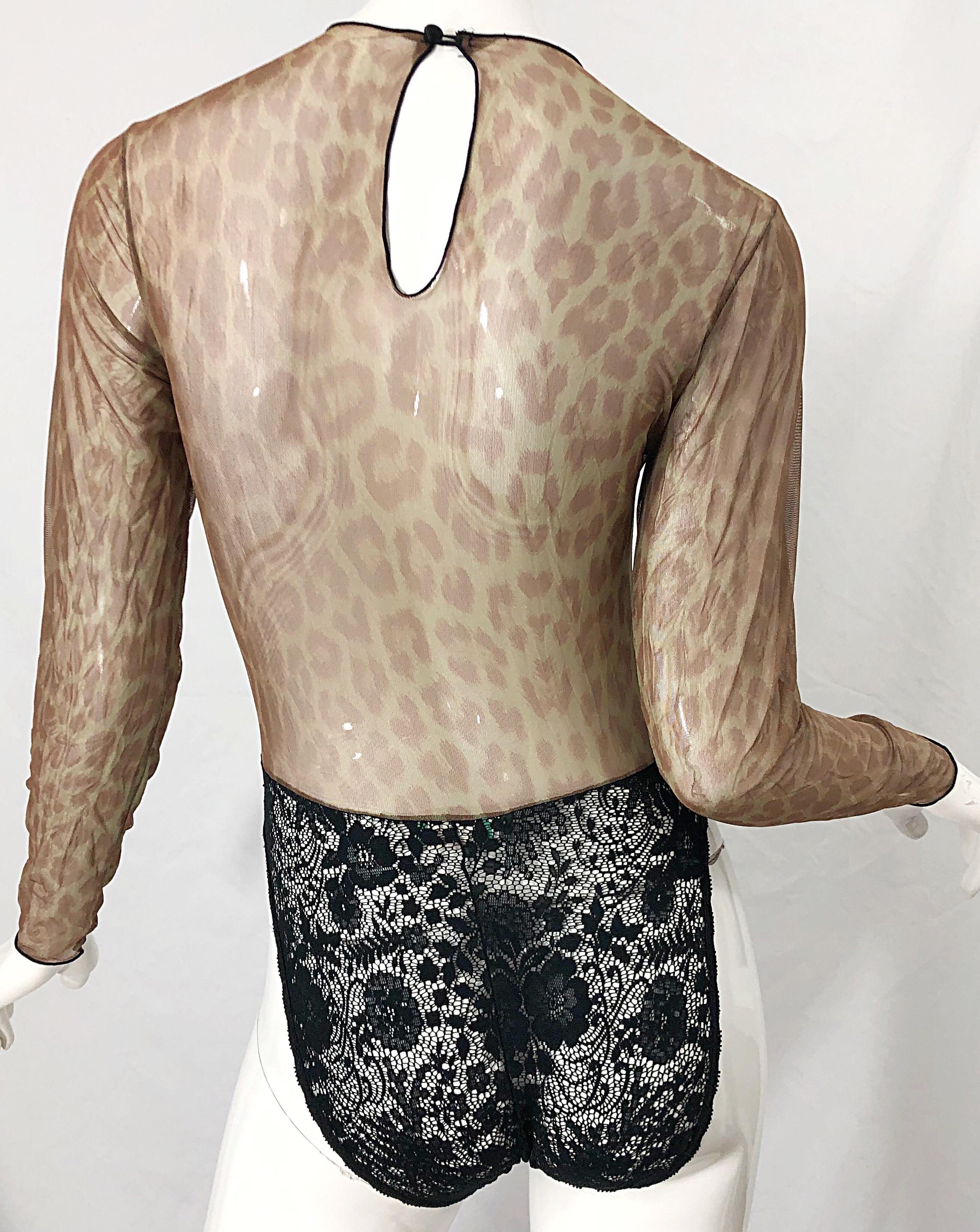 Brown 1980s Guy Laroche Leopard Print Sheer Black Lace One Piece Vintage 80s Bodysuit For Sale