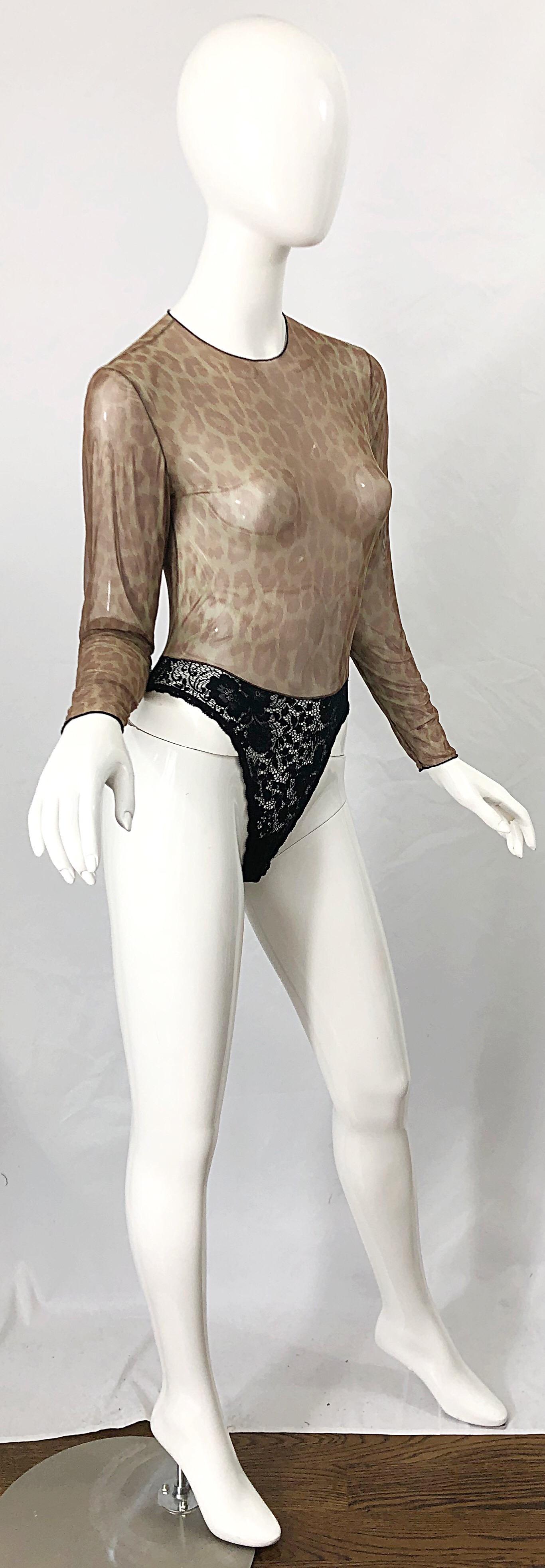 Women's 1980s Guy Laroche Leopard Print Sheer Black Lace One Piece Vintage 80s Bodysuit For Sale