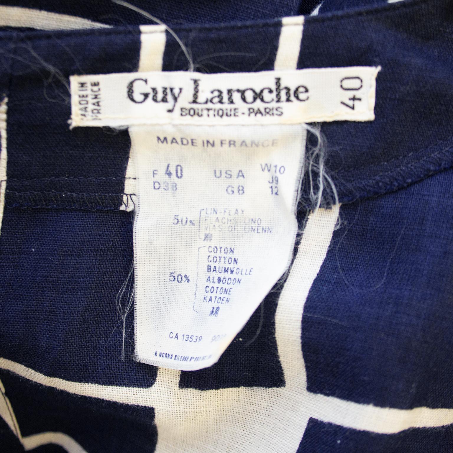 1980s Guy Laroche Navy Blue and White Cotton Dress  1