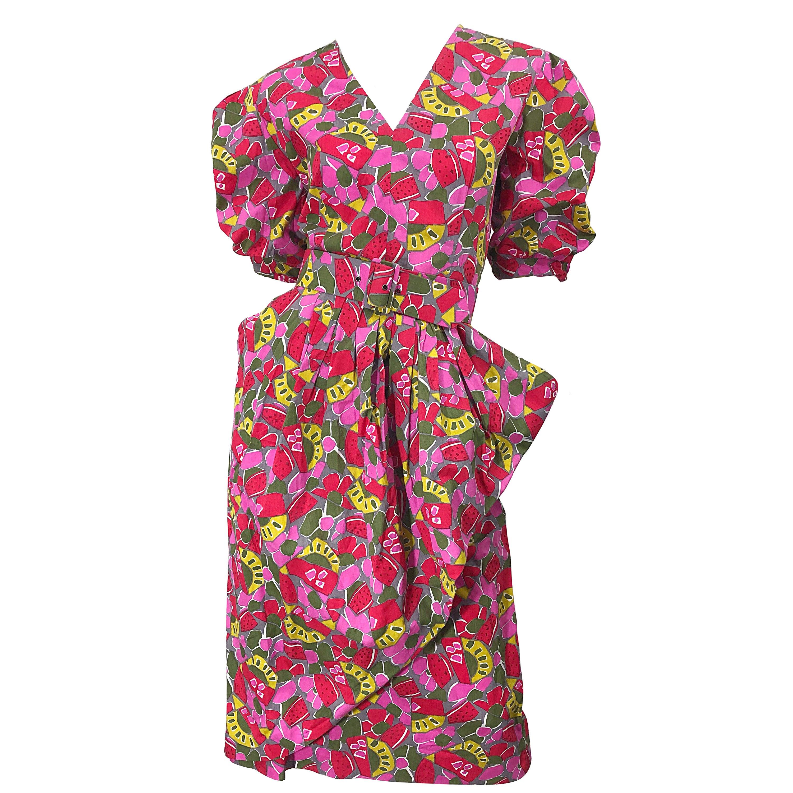 1980s Guy Laroche Size 44 / 12 Novelty Fruit Print Avant Garde Vintage 80s Dress For Sale