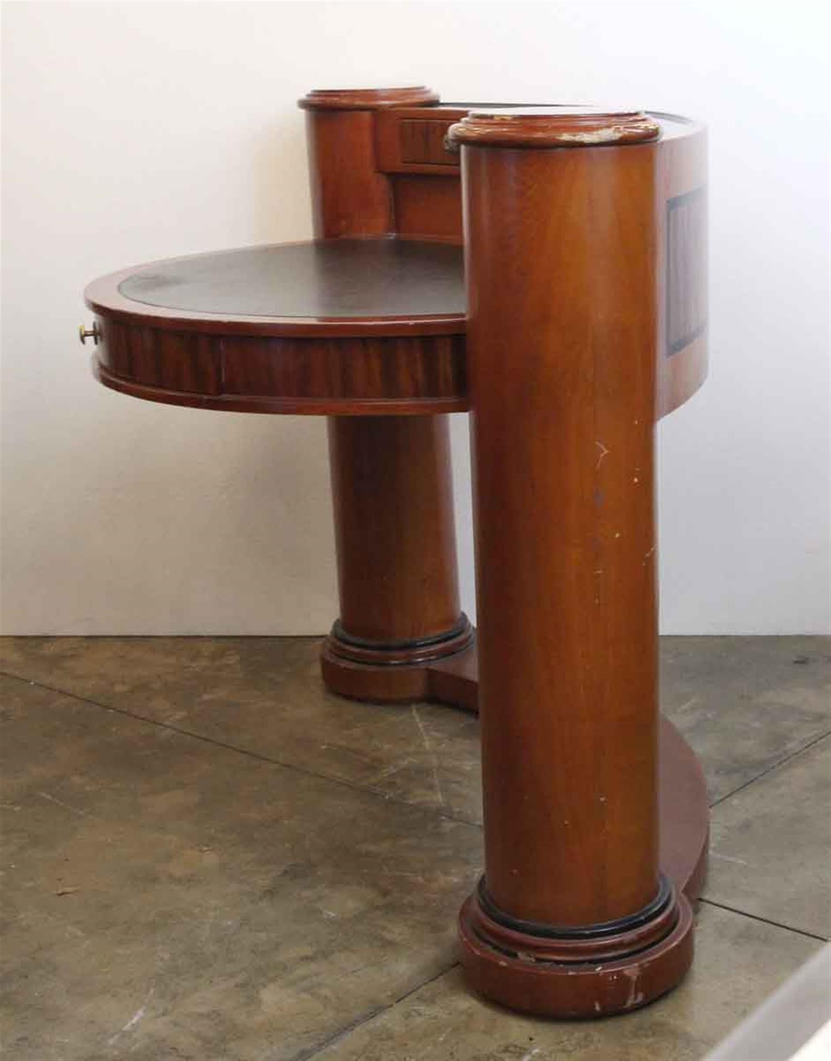 1980s Half Circle Wood Desk with Pillars & Leather Top by Enrique Garcel 1