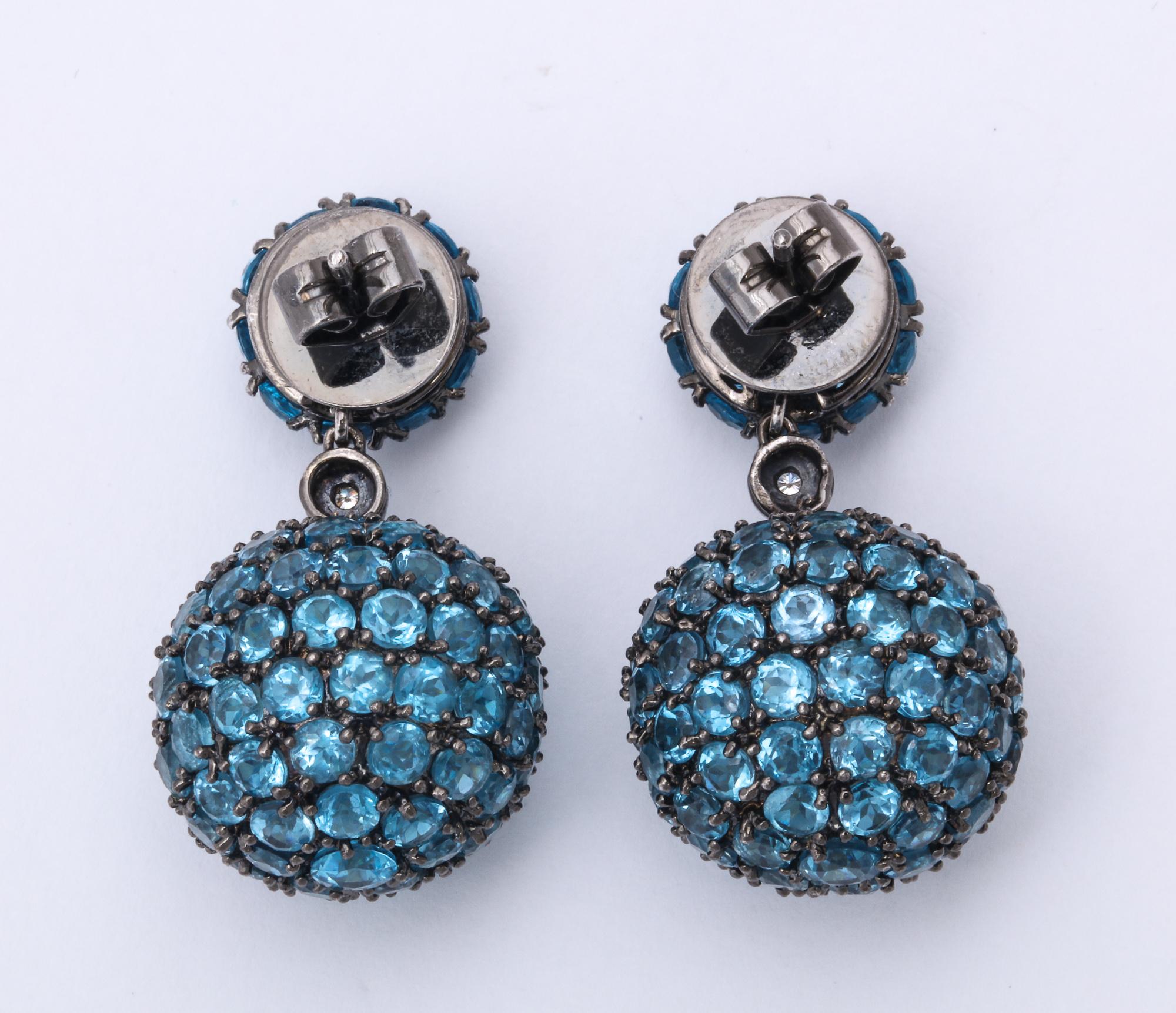 Round Cut 1980s Half Sphere Shape and Hanging Ball Blue Topaz Gold Drop Earrings