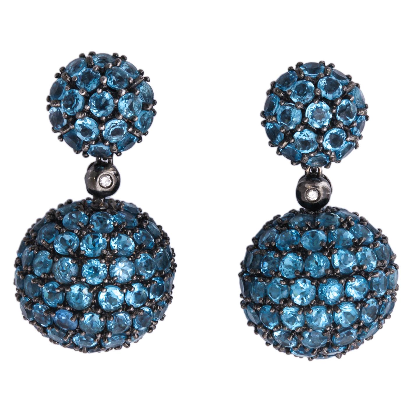 1980s Half Sphere Shape and Hanging Ball Blue Topaz Gold Drop Earrings