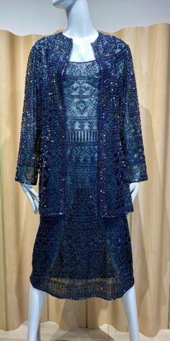 1981  Halston Black Beaded Cocktail Dress with Cardigan