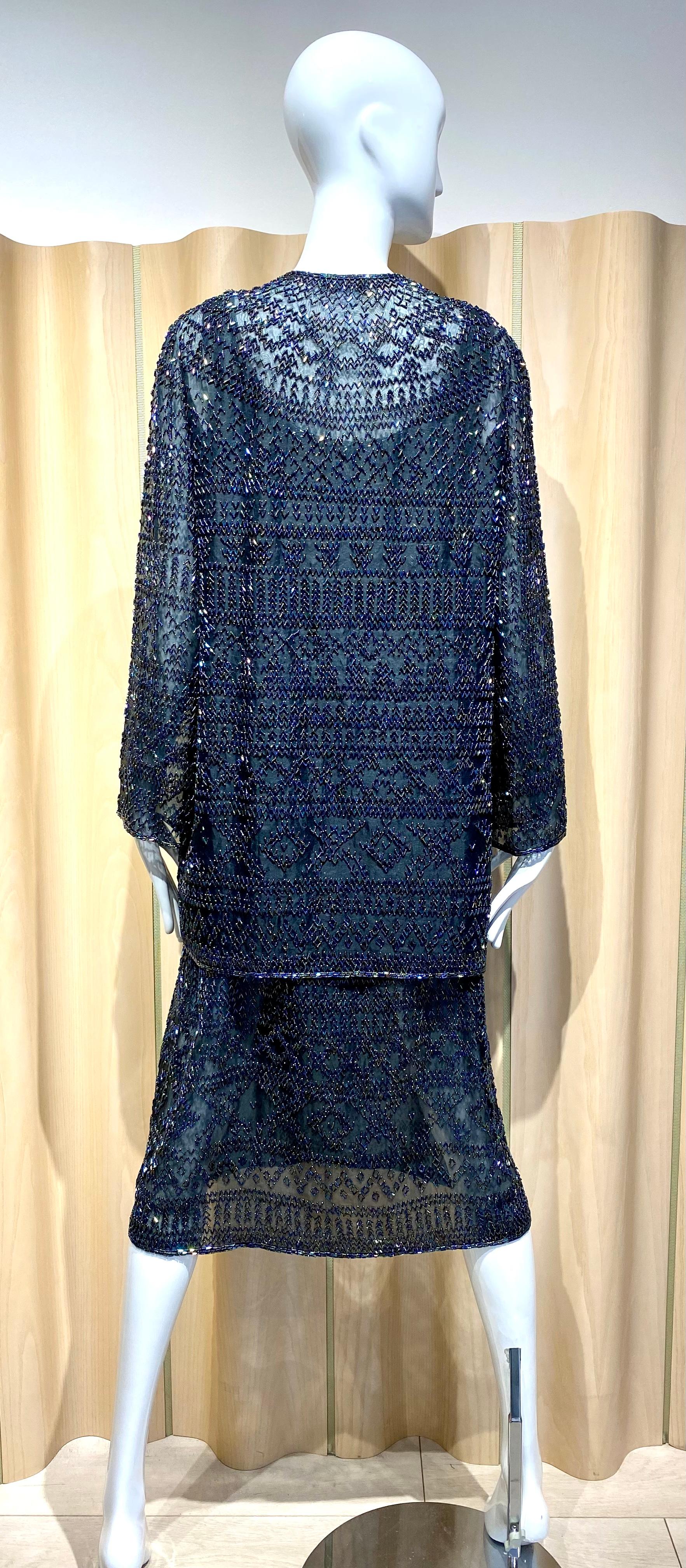 1980s Halston Black Beaded Cocktail Dress with Cardigan In Good Condition For Sale In Beverly Hills, CA