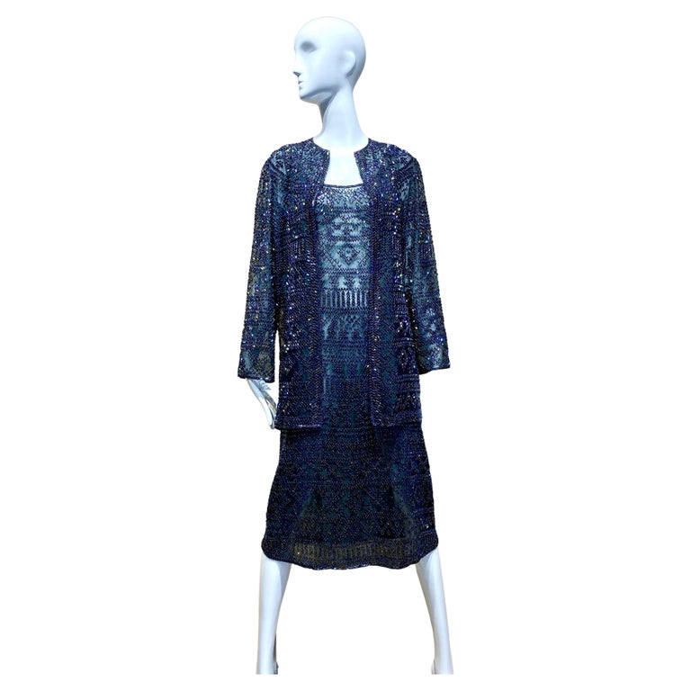 1981 Halston Black Beaded Cocktail Dress With Cardigan 1981 Halston Black Beaded Cocktail Dress With Cardigan