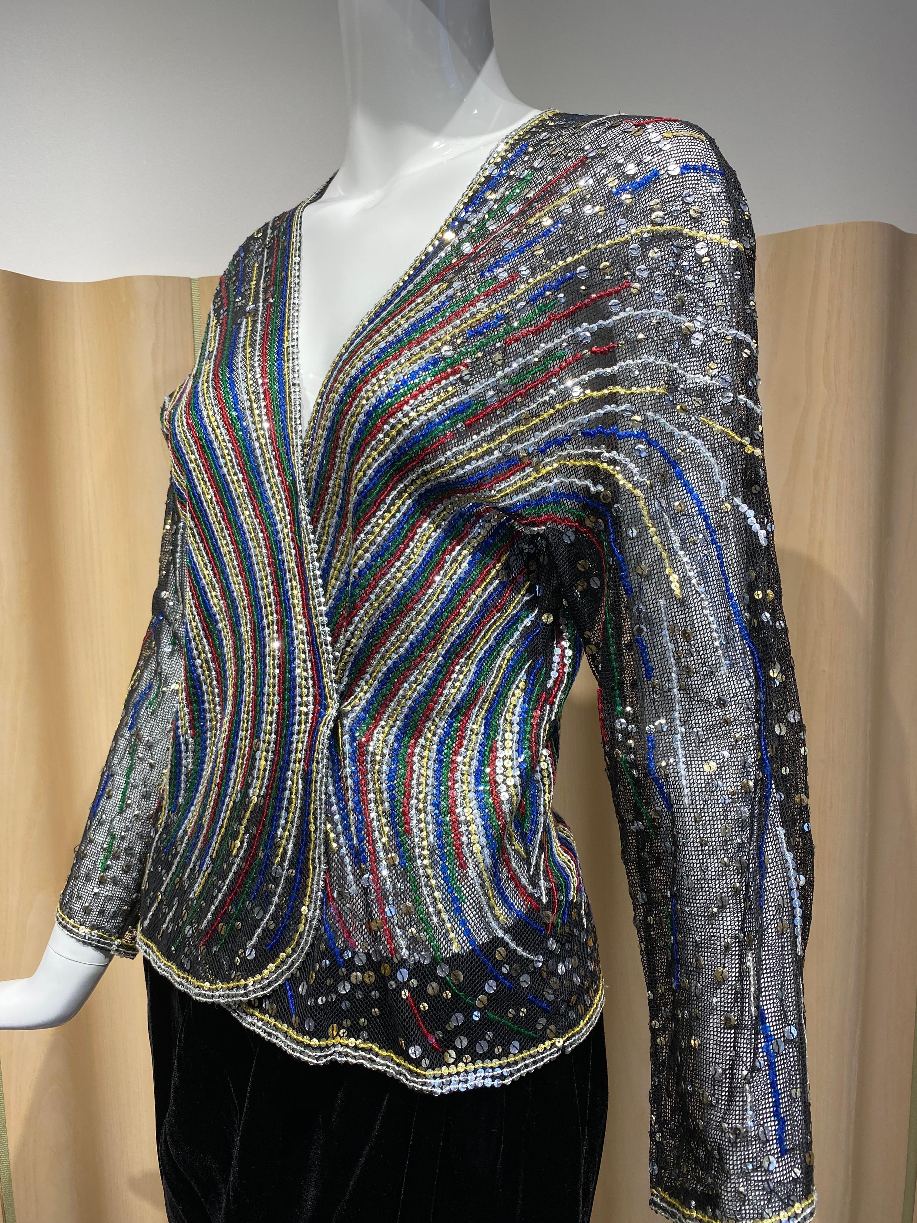 1980s Halston Multi Color Sequin Mesh Cardigan Jacket and Black Velvet Skirt Set For Sale 6
