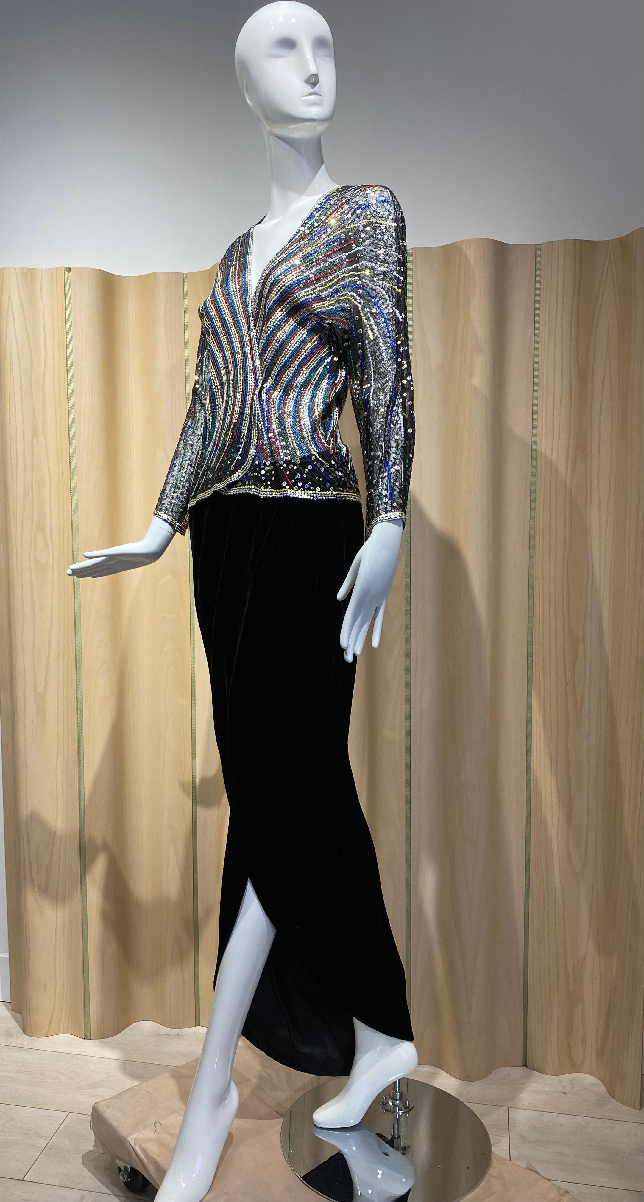 1980s Halston Multi Color Sequin Mesh Cardigan Jacket and Black Velvet Skirt Set For Sale 7
