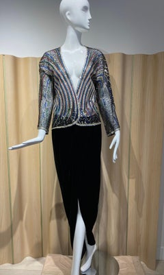 1980s Halston Multi Color Sequin Mesh Cardigan Jacket and Black Velvet Skirt Set