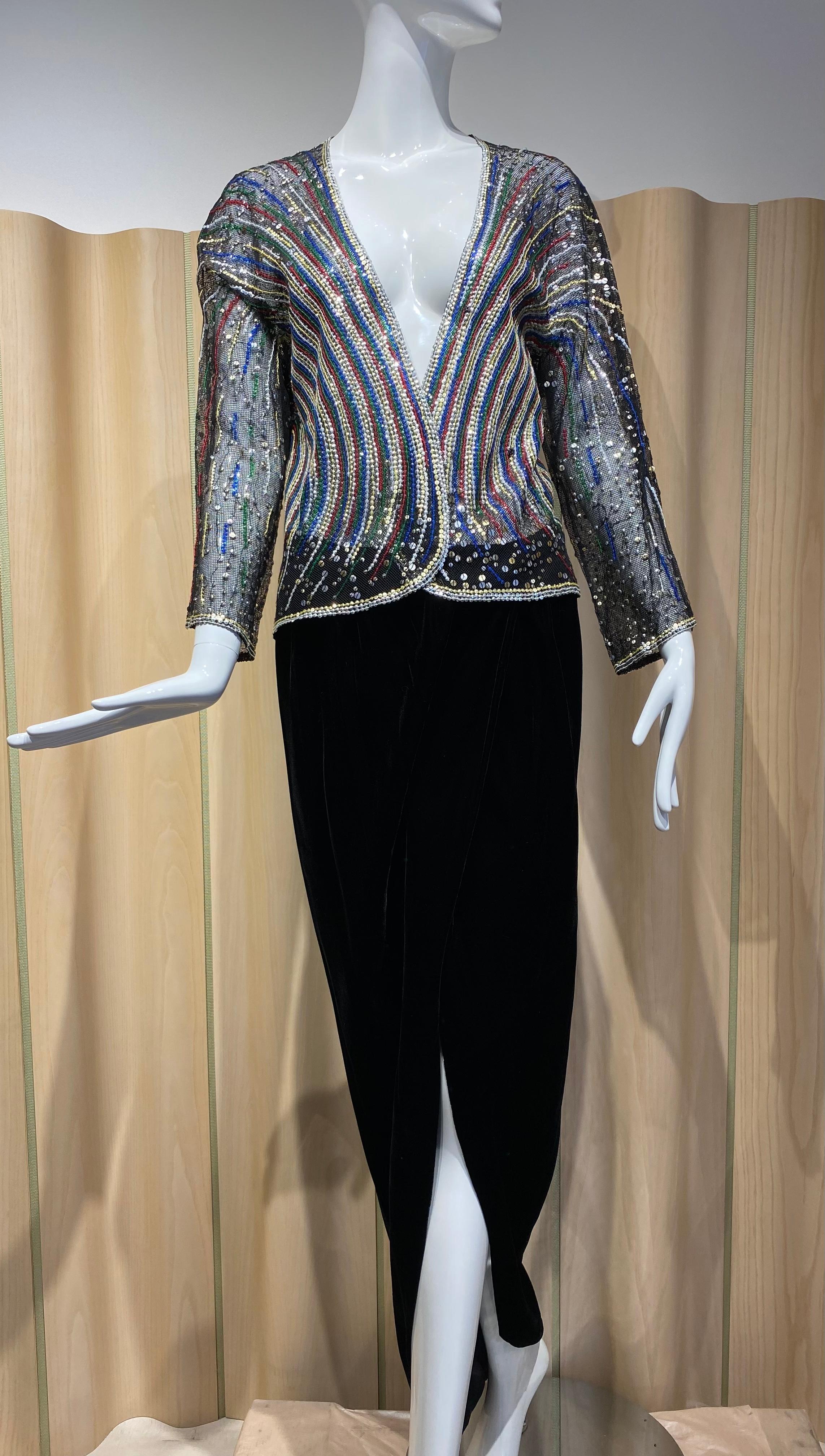 1980er Halston Multi Farbe Pailletten Mesh Cardigan Jacke und schwarzer Samt Rock Set im Zustand „Hervorragend“ im Angebot in Beverly Hills, CA