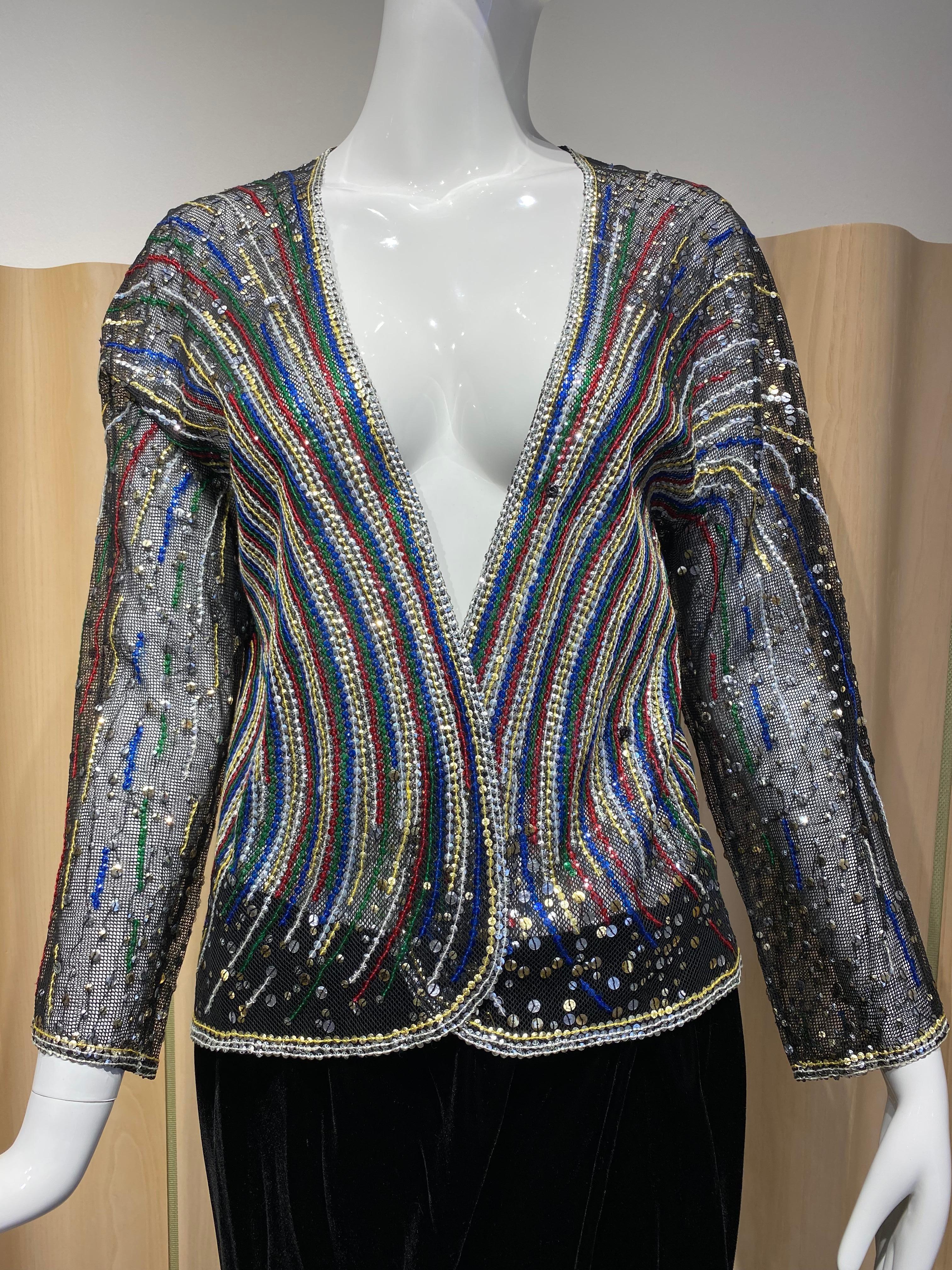 Women's 1980s Halston Multi Color Sequin Mesh Cardigan Jacket and Black Velvet Skirt Set For Sale
