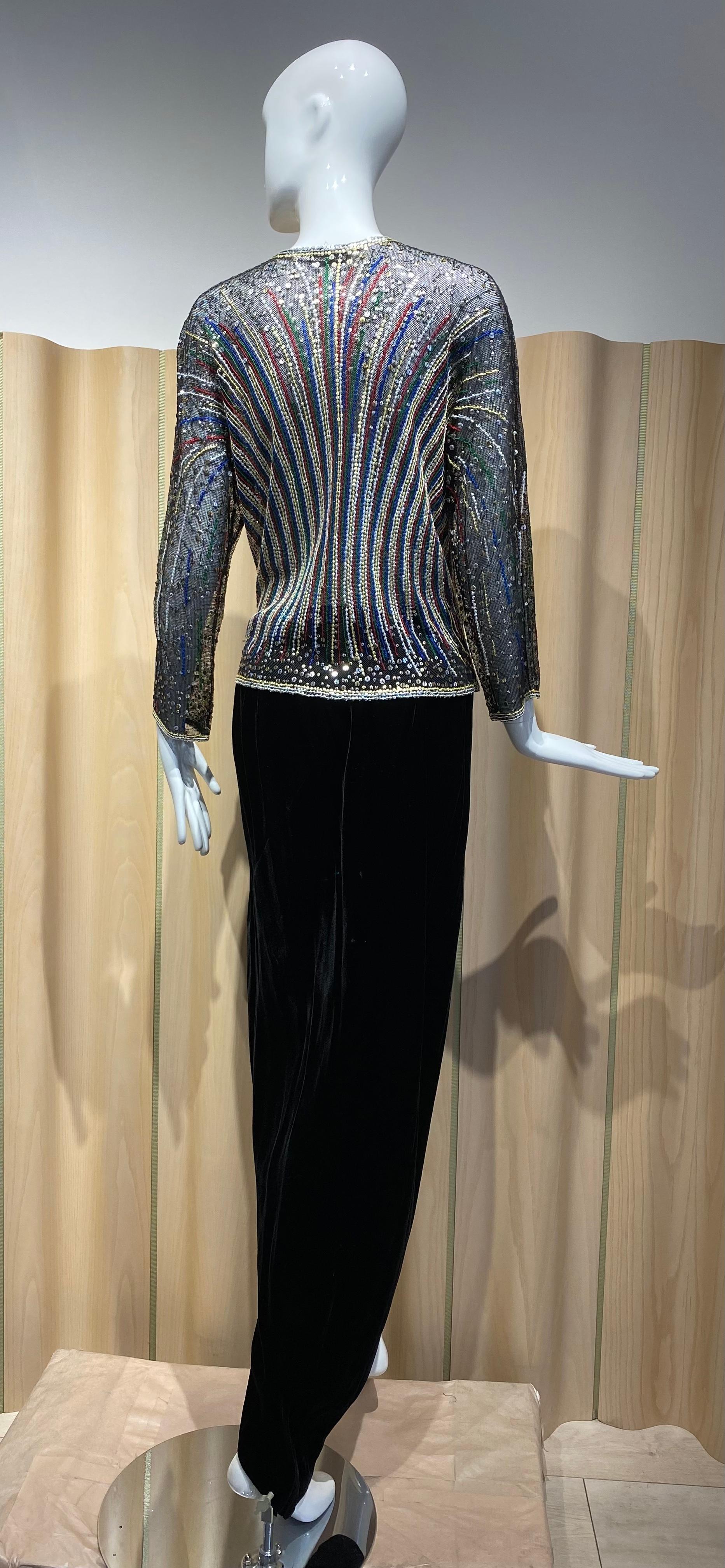 1980s Halston Multi Color Sequin Mesh Cardigan Jacket and Black Velvet Skirt Set For Sale 1