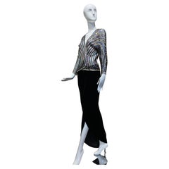 Vintage 1980s Halston Multi Color Sequin Mesh Cardigan Jacket and Black Velvet Skirt Set