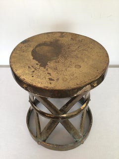 1980s Hammered Brass Lattice Hourglass Drum Stool