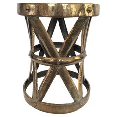 1980s Hammered Brass Lattice Hourglass Drum Stool