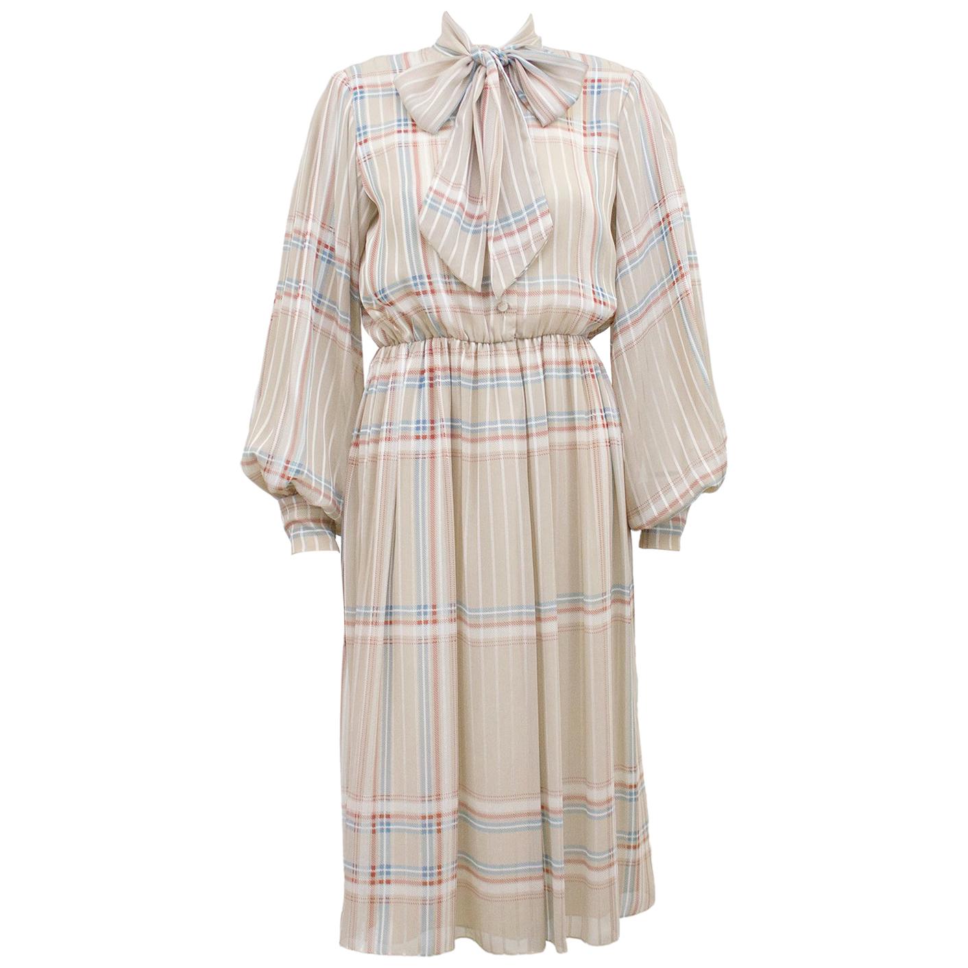 Hanae Mori - Robe chemise à carreaux beige des années 1980